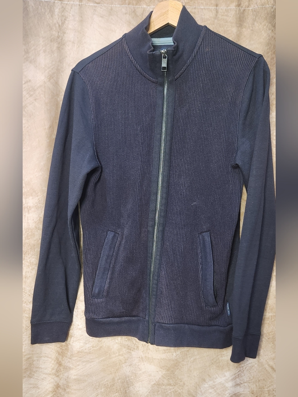 Ted Baker Navy Knit-Front Zip Bomber Jacket